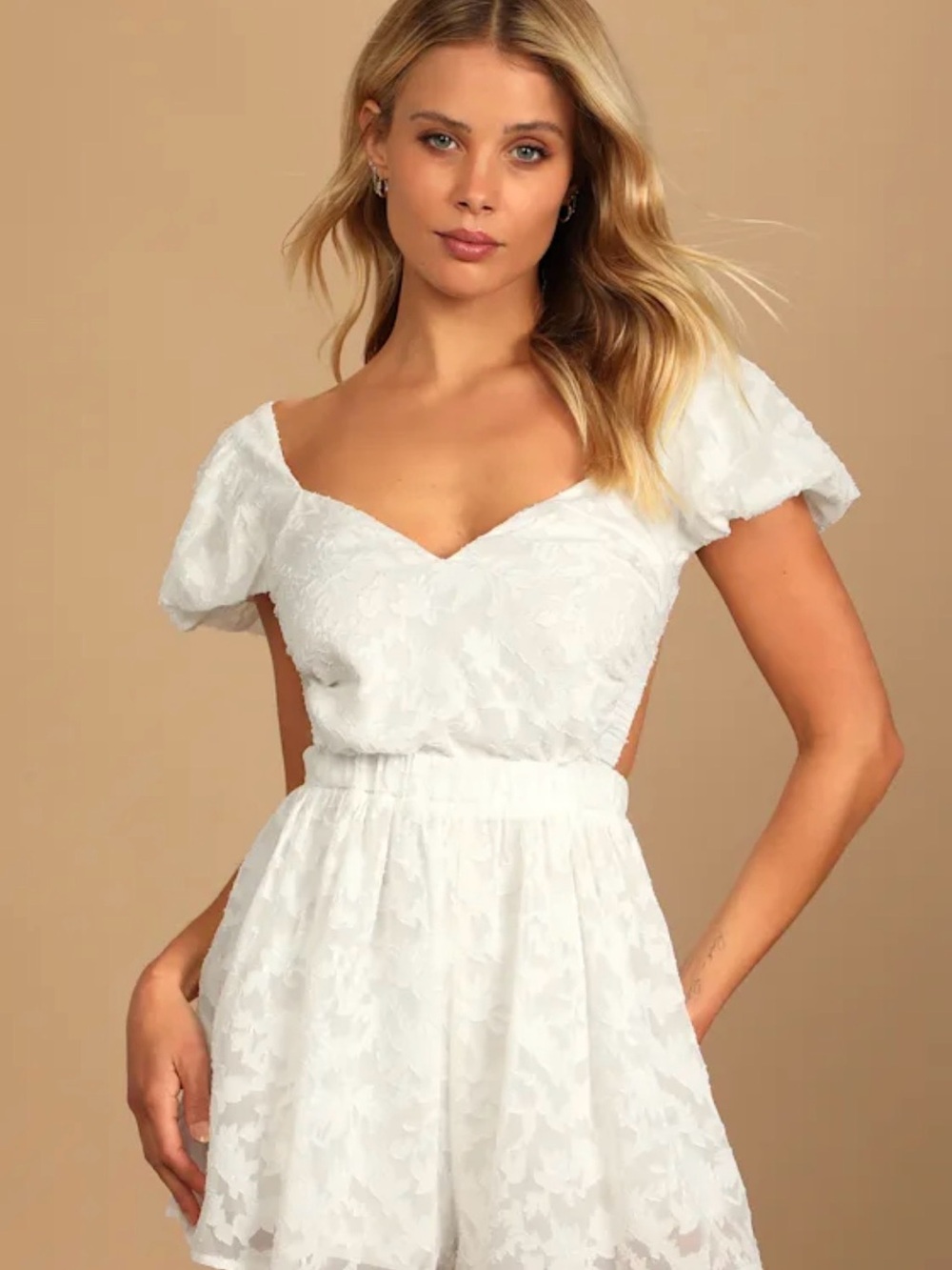 Lulu's White Lace Mini Romper with Puff Sleeves